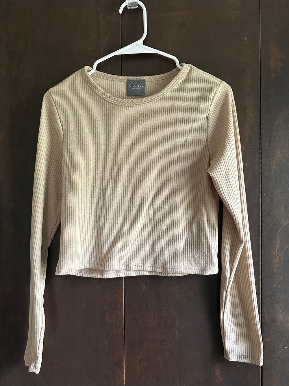 Olivia Rae Neutral Ribbed Long-Sleeve Crop Top